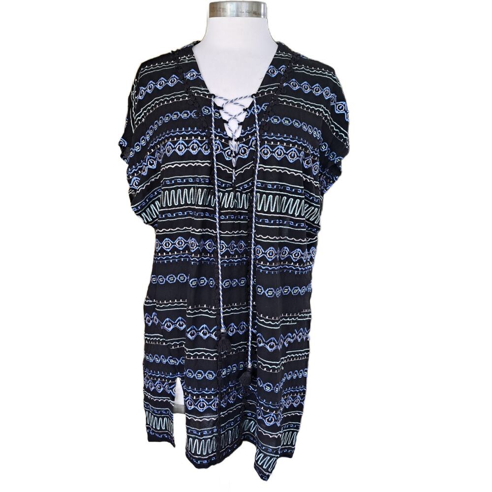 GYPSY 05 Beachy Boho Embroidered Coverup Tunic Mini Dress Black Blue Size